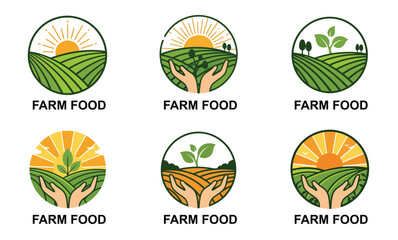 Farm Food Logo Set with Hands, Sun, and Green Fields - Organic Agriculture, Farming, Healthy Eating, Nature, and Sustainable Growth Vector Collection