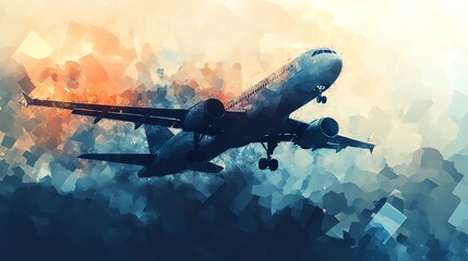 Obraz premium Modern Commercial Airplane Flying in Colorful Sky During Sunset