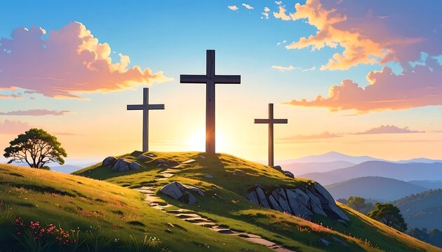Three crosses on a hilltop at sunrise