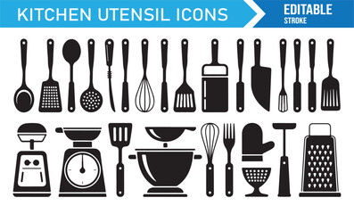 Editable stroke cooking utensils set, kitchen tools vector illustration for food and restaurant graphics