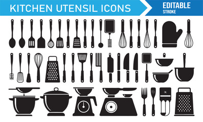 Outline and filled kitchen utensil vector collection for culinary design, chef icons, and home cooking tools