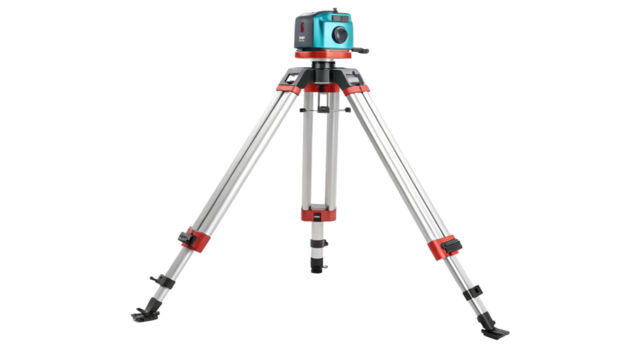 A professional surveying tripod with a laser level mounted on top, isolated on transparent background