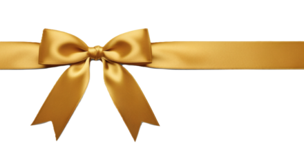 Golden gift ribbon with a bow tied in the center, horizontal layout on transparent background.