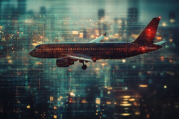 Digital Cityscape with Commercial Airplane Flying Over Bright Night Skyline