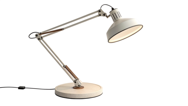 A modern, articulated desk lamp with a white shade and a stone base, isolated on transparent background