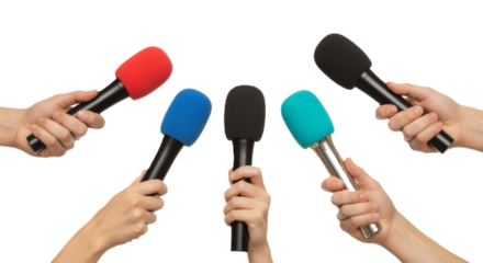 Many hands holding colorful microphones for a press conference or interview on transparent background.