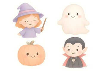 Cute pastel Halloween set with smiling witch girl, ghost, pumpkin, and vampire boy in soft clay style, charming characters isolated on white for kids designs.