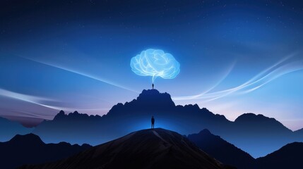 Silhouette of a Person Standing on a Hill with a Dreamlike Brain Cloud Above Mountain at Dusk