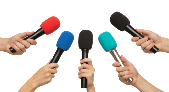 Many hands holding colorful microphones for a press conference or interview on transparent background.
