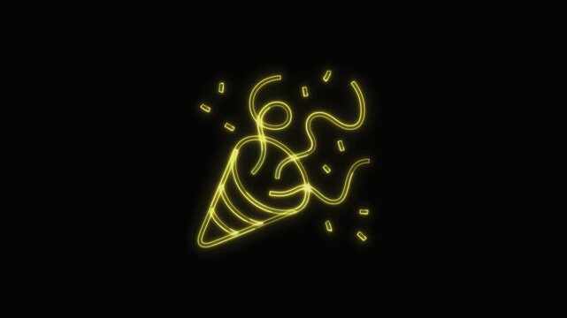 Party Popper Icon Neon Seamless Loop 4K with Black Background Animated Promotional Typography for Video Editing