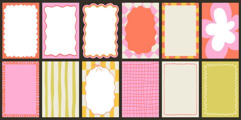 Set of hand-drawn frames with wavy squiggle curly edges and colorful backgrounds. Hand-drawn borders with abstract wavy lines and retro patterns for invitations, posters, social media templates decor.