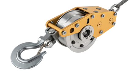 Heavy duty industrial pulley system with hook and cable, isolated on transparent background