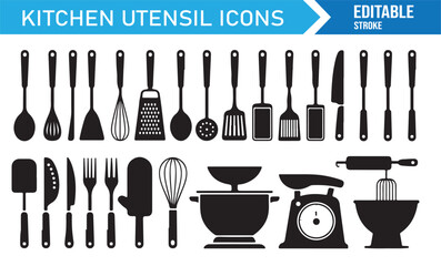 Collection of kitchen utensil icons, black silhouette and outline vector cooking tools set for restaurant design