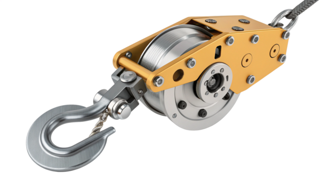 Heavy duty industrial pulley system with hook and cable, isolated on transparent background