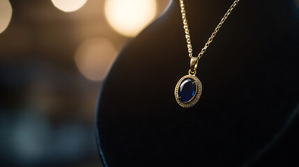 Fototapeta premium Elegant pendant necklace with a deep blue stone surrounded by smaller gems, suspended from a gold chain. A timeless piece of jewelry on display.