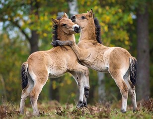 Two playful Icelandic foals in autumnal forest