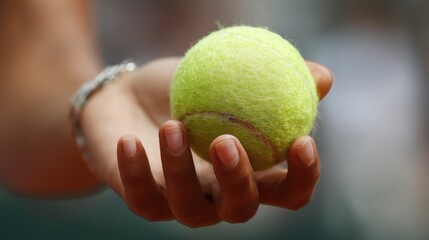 Closeup of hand holding bright yellow tennis ball with blurred background, representing sport, athletic preparation and tennis game, ideal for poster or sports equipment design.