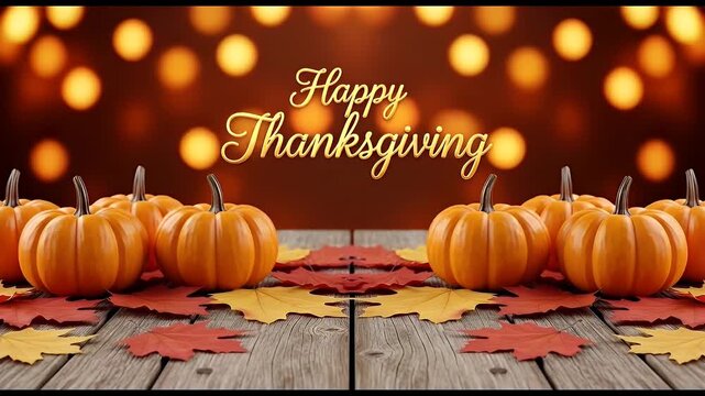 A festive Happy Thanksgiving greeting card design with a row of pumpkins and colorful autumn leaves on a rustic wooden table