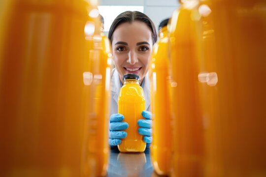 Female food processor bottles fresh orange juice in a bright production facility - Powered by Adobe