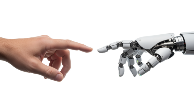 Robot and human hands about to touch, a modern Creation of Adam concept on transparent background.