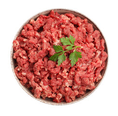 Raw minced meat and parsley in bowl isolated on white, top view