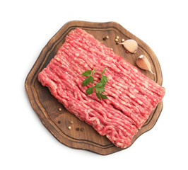 Raw minced meat with parsley and spices isolated on white, top view