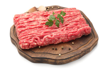 Raw minced meat with parsley and spices isolated on white