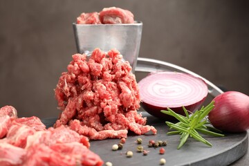 Making minced meat with grinder and spices on grey table, closeup