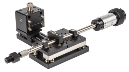 Precision optical translation stage with micrometer adjustment, isolated on transparent background