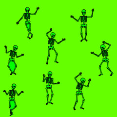 black skeletons icon set, dancing poses on isolated neon green background, goth, punk, emo, halloween	