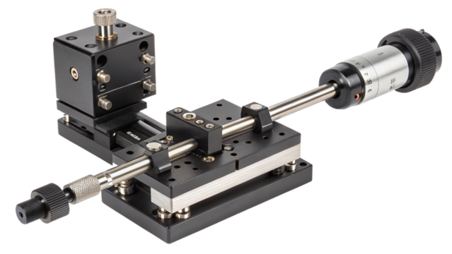 Precision optical translation stage with micrometer adjustment, isolated on transparent background