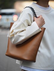 minimalist tote bag on shoulder of white sweater wearer in city