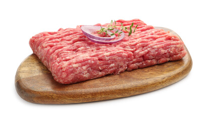 Raw minced meat with thyme and onion isolated on white