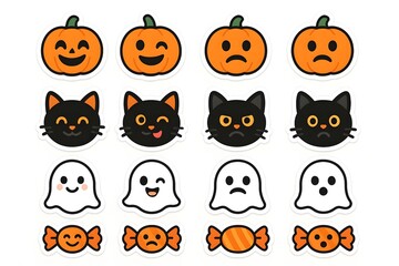 Set of cute Halloween emoji stickers: pumpkins, black cat faces, ghosts, and candies with varied expressions, colorful outline  isolated on white for festive designs and kids projects.