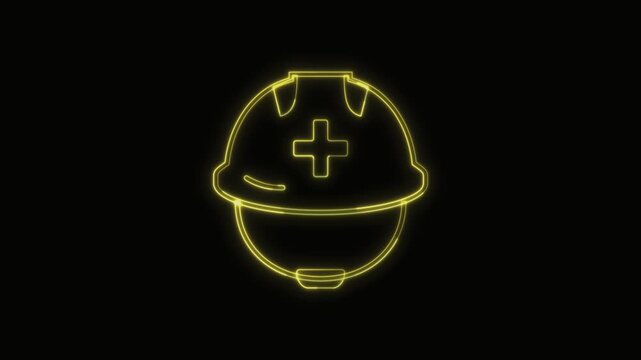  Rescue Worker Helmet Icon Neon Seamless Loop 4K with Black Background Animated Promotional Typography for Video Editing