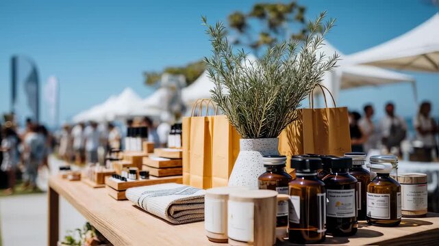 Medium shot of a stylish popup retail setup at a lively outdoor festival featuring crisp details on unique goods contrasted with a soft crowd blur.