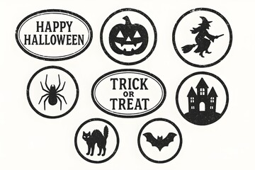 Set of vintage Halloween badges with grunge texture: pumpkin, witch, spider, haunted house, black cat, bat, and text labels Happy Halloween, Trick or Treat, isolated on white.