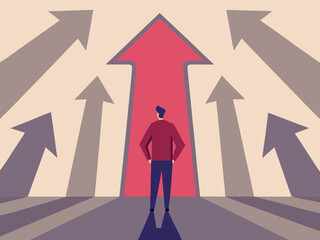 Fototapeta premium Man standing at crossroads facing multiple arrows representing different paths and opportunities