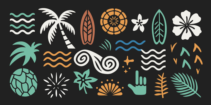 Fototapeta Collection of tropical hawaiian and surfing themed icons and elements on black background