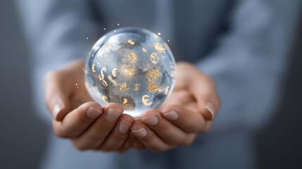 Hands holding a glowing holographic sphere made of financial icons representing savings, investments, and digital currencies, illustrating financial management, wealth accumulation, and futuristic