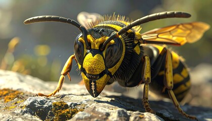 Striking wasp on textured rock