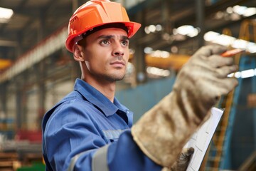 Construction worker with blue uniform points at something in a factory