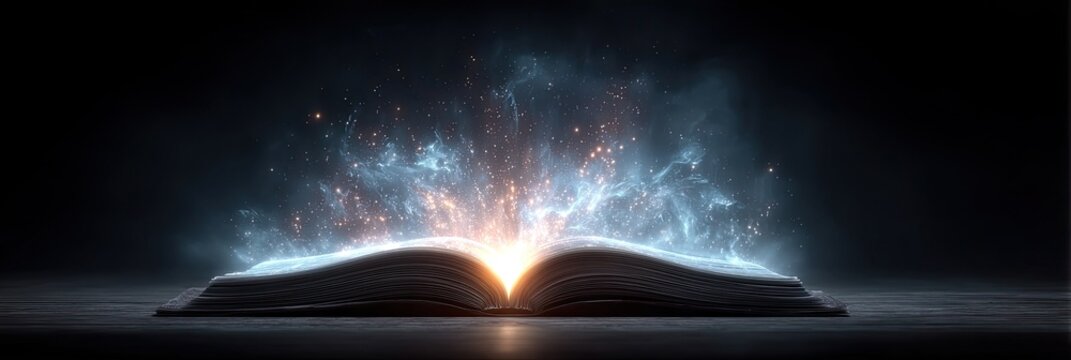 An Open Book Emitting Brilliant Blue and Orange Light Particles and Energy From Its Pages Against a Dark Futuristic Background