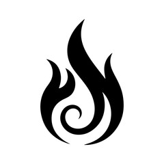 Abstract Flame Icon with Spiraling Curves, Black Silhouette on White Background