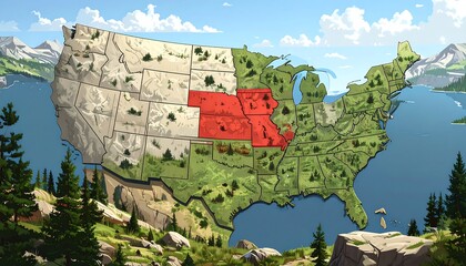 US map highlighting a specific region.  Panoramic view