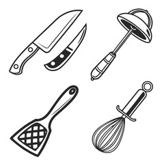 Illustration of kitchen utensils including knives, ladle, spatula, and whisk in black and white style