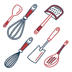Illustration of kitchen utensils including whisks spatulas and slotted spoons with red and blue accents
