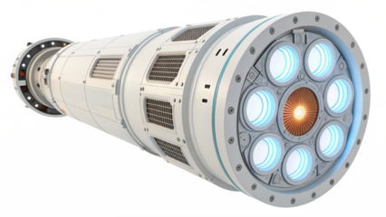 Futuristic scifi spaceship engine or propulsion system with glowing blue and orange lights, isolated on transparent background