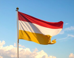 Yellow and white flag waving against blue sky