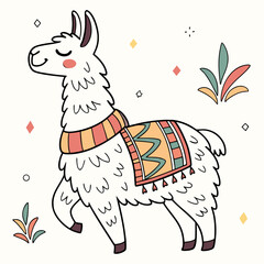 Illustration of a white llama with a colorful blanket and scarf walking peacefully on a white background